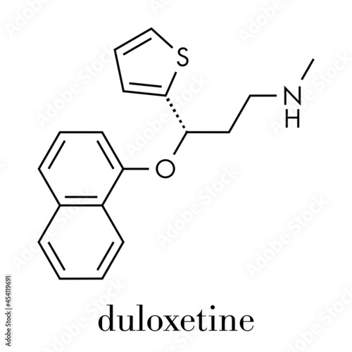 Duloxetine antidepressant drug (SNRI class) molecule. Also used in fibromyalgia treatment, etc. Skeletal formula.