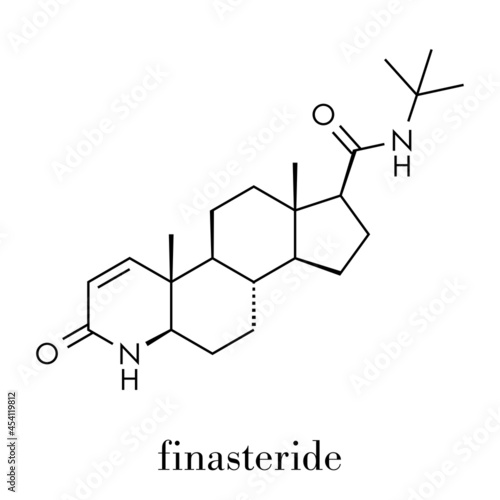 Finasteride male pattern baldness drug molecule. Also used in benign prostatic hyperplasia (BPH, enlarged prostate) treatment. Skeletal formula.