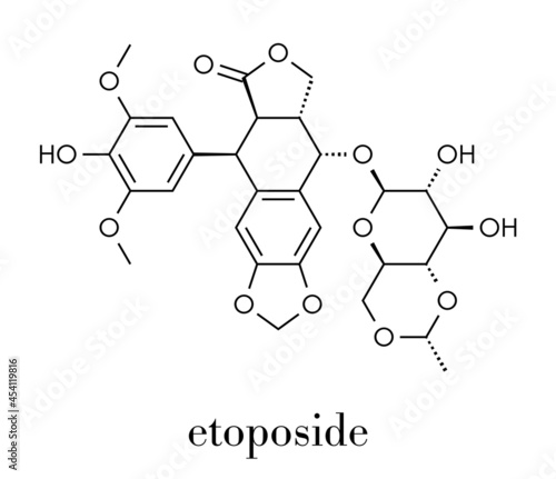 Etoposide cancer chemotherapy drug molecule. Skeletal formula.