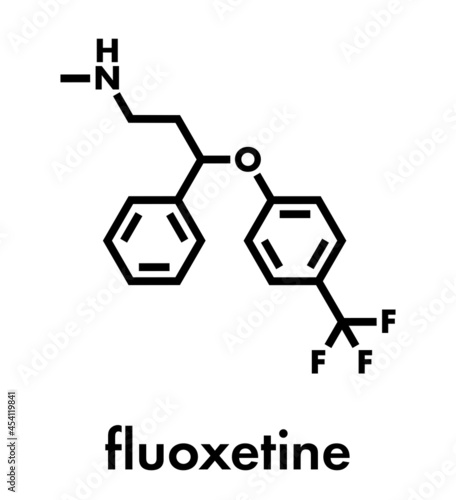 Fluoxetine antidepressant drug (SSRI class) molecule. Skeletal formula.