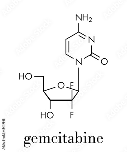 Gemcitabine cancer chemotherapy drug molecule. Skeletal formula.