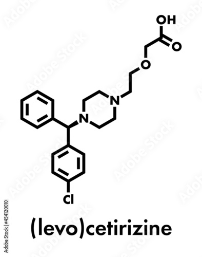 Cetirizine (levocetirizine) antihistamine drug molecule. Used to treat hay fever, urticaria and allergies. Skeletal formula.