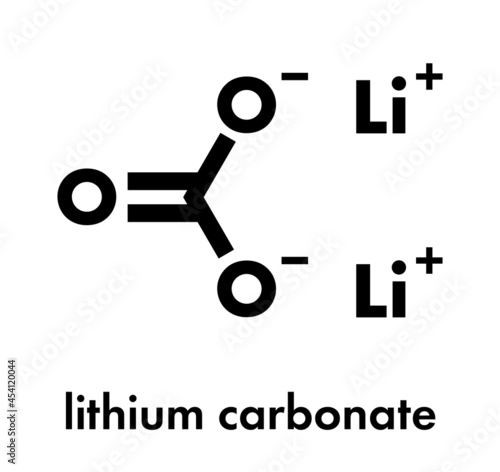 Lithium carbonate (Li2CO3) bipolar disorder drug molecule. Skeletal formula.