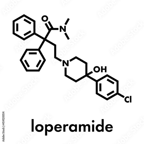 Loperamide diarrhea drug molecule. Skeletal formula.