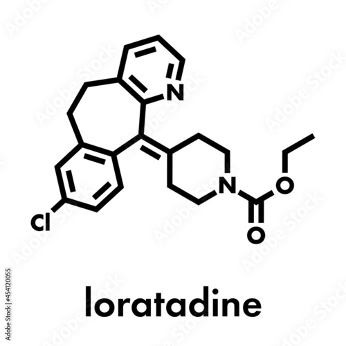 Loratadine antihistamine drug molecule. Used to treat hay fever, urticaria and allergies. Skeletal formula.