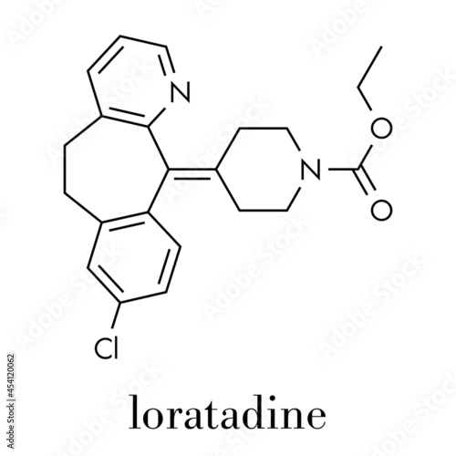 Loratadine antihistamine drug molecule. Used to treat hay fever, urticaria and allergies. Skeletal formula.
