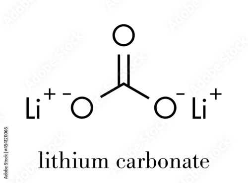Lithium carbonate (Li2CO3) bipolar disorder drug molecule. Skeletal formula.