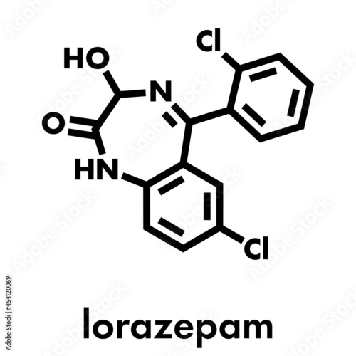 Lorazepam sedative and hypnotic drug (benzodiazepine class) molecule. Skeletal formula.