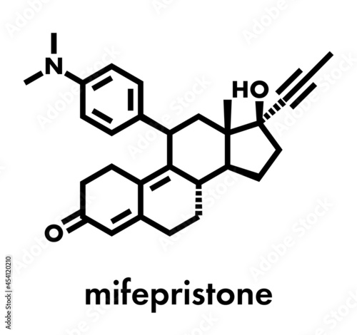 Mifepristone abortion inducing drug molecule. Also used as emergency contraceptive agent. Skeletal formula.