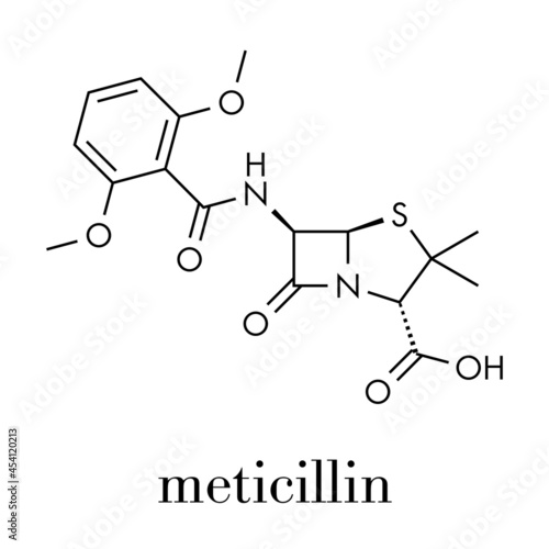 Meticillin antibiotic drug (beta-lactam class) molecule. MRSA stands for Methicillin-resistant staphylococcus aureus. Skeletal formula.