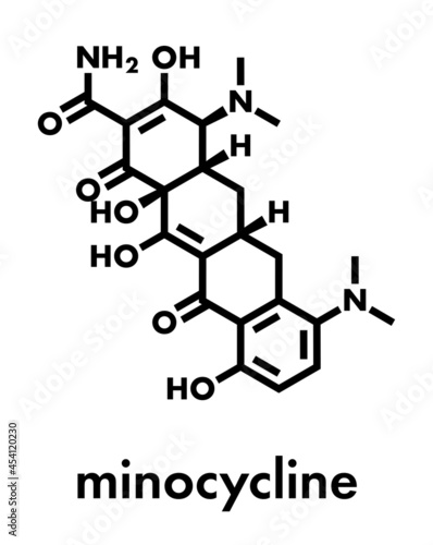 Minocycline antibiotic drug (tetracycline class) molecule. Skeletal formula.