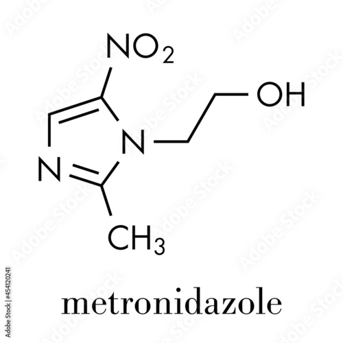 Metronidazole antibiotic drug (nitroimidazole class) molecule. Skeletal formula.