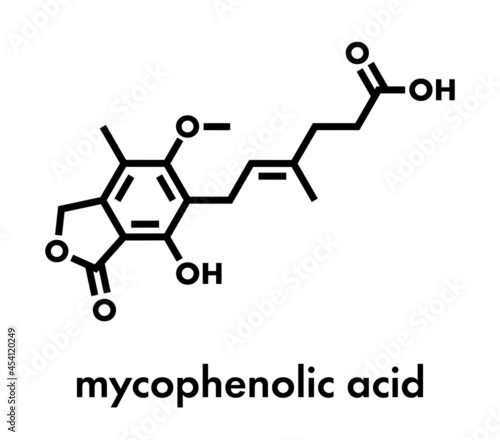 Mycophenolate (mycophenolic acid) immunosuppressive drug molecule. Used to prevent transplant rejection and in treatment of autoimmune disease. Skeletal formula. photo