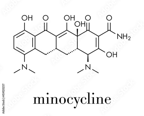 Minocycline antibiotic drug (tetracycline class) molecule. Skeletal formula.