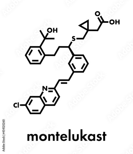 Montelukast asthma and airway allergy drug molecule. Skeletal formula.