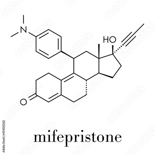 Mifepristone abortion inducing drug molecule. Also used as emergency contraceptive agent. Skeletal formula.