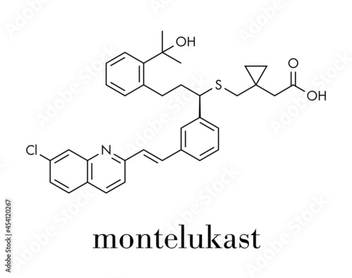 Montelukast asthma and airway allergy drug molecule. Skeletal formula.