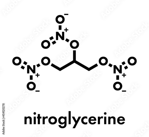 Nitroglycerin (nitro, glyceryl trinitrate) drug and explosive molecule. Skeletal formula.