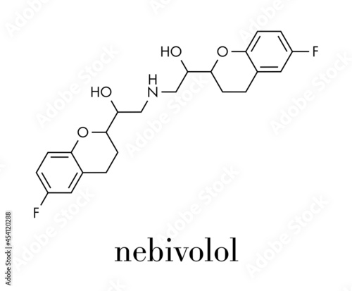 Nebivolol beta blocker drug molecule. Used to treat high blood pressure (hypertension) Skeletal formula.