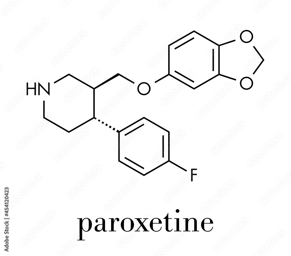 Paroxetine antidepressant drug (SSRI class) molecule. Skeletal formula. Paroxetine antidepressant drug (SSRI class) molecule. Skeletal formula.