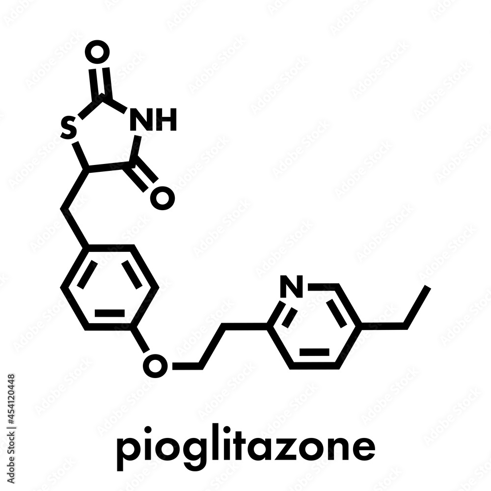 Pioglitazone diabetes drug molecule. Skeletal formula.