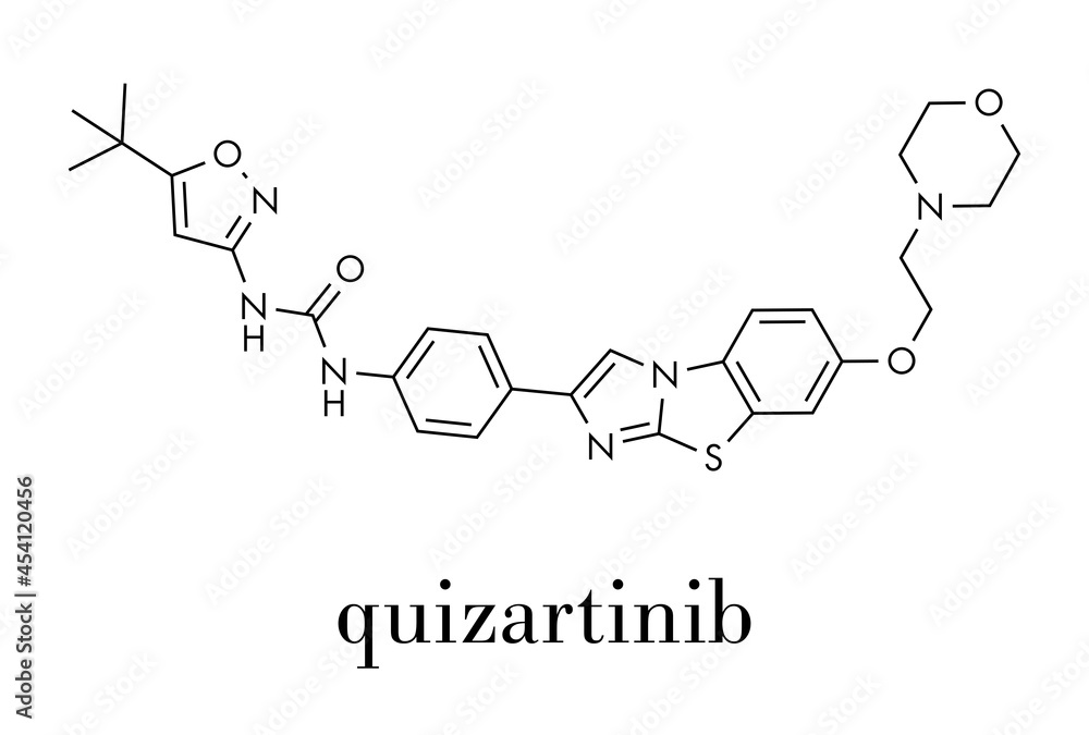 Obraz premium Quizartinib cancer drug molecule (kinase inhibitor). Skeletal formula.
