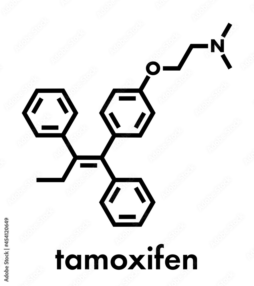 Tamoxifen breast cancer drug molecule. Skeletal formula. Tamoxifen breast cancer drug molecule. Skeletal formula.