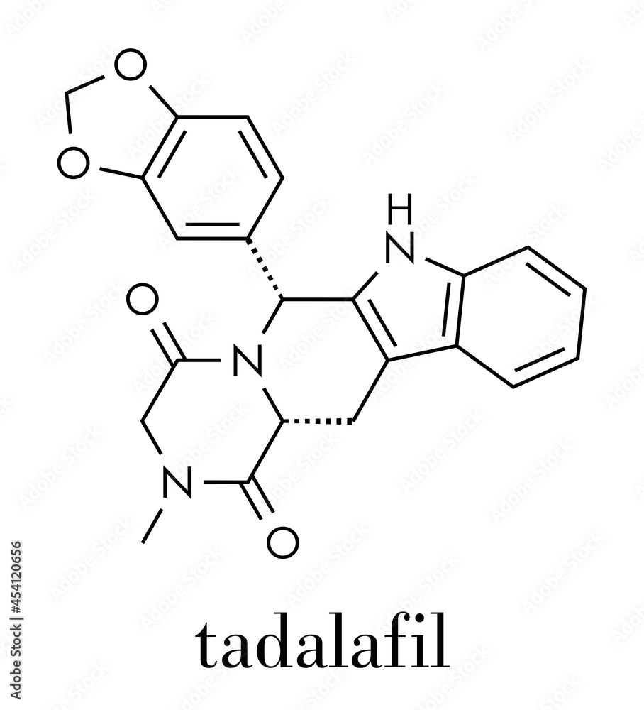 Tadalafil erectile dysfunction drug molecule. Skeletal formula.