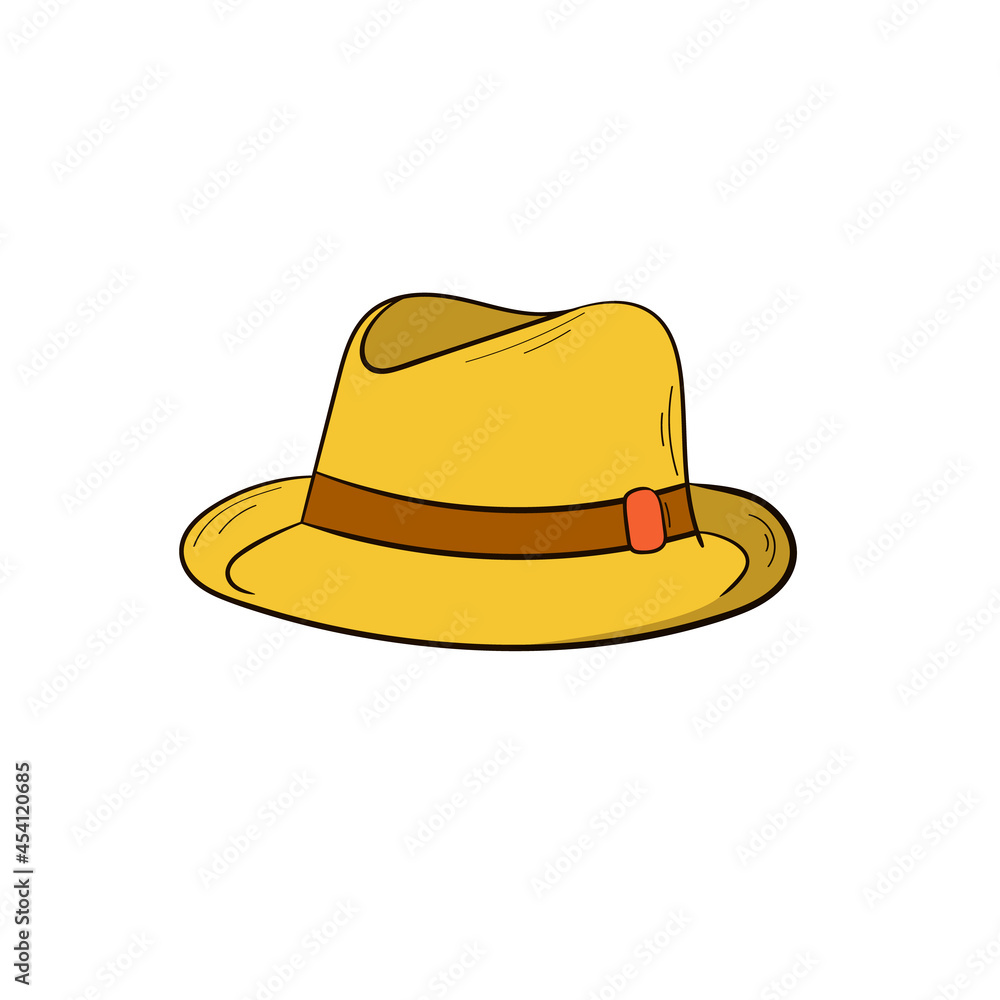Hat vector. Isolated on a white background. Hand drawn style. Travel. Recreation. Vacation. Summer. Yellow hat with ribbon. Vector illustration Hat vector. Isolated on a white background. Hand drawn style. Travel. Recreation. Vacation. Summer. Yellow hat with ribbon. Vector illustration