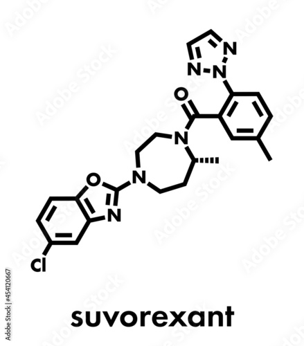 Suvorexant insomnia drug (sleeping pill) molecule. Dual orexin receptor antagonist (DORA) Skeletal formula.