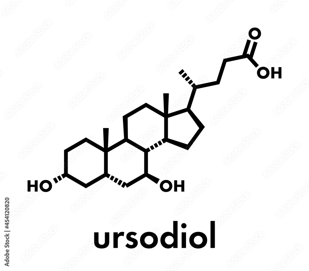 Ursodiol (ursodeoxycholic acid, UDCA) gallstone treatment drug molecule. Skeletal formula.