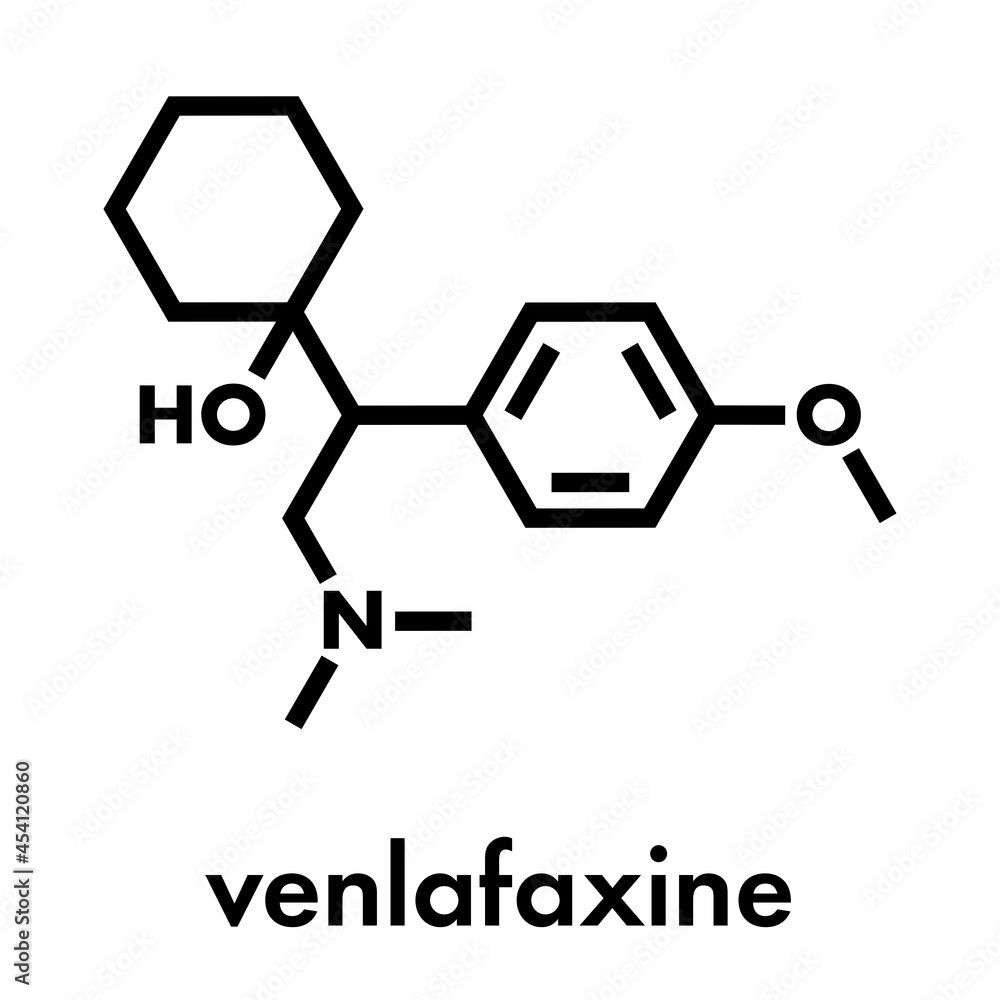 Venlafaxine antidepressant drug (SNRI class) molecule. Skeletal formula. Venlafaxine antidepressant drug (SNRI class) molecule. Skeletal formula.
