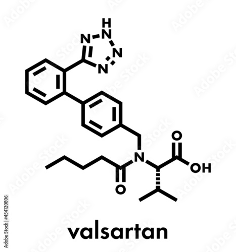 Valsartan high blood pressure (hypertension) drug. Inhibitor of angiotensin II receptor. Skeletal formula.