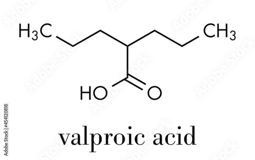 Valproic acid or valproate epilepsy (seizures) drug molecule. Skeletal formula.