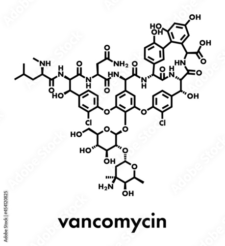Vancomycin antibiotic drug (glycopeptide class) molecule. Skeletal formula.