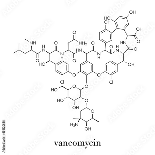 Vancomycin antibiotic drug (glycopeptide class) molecule. Skeletal formula.