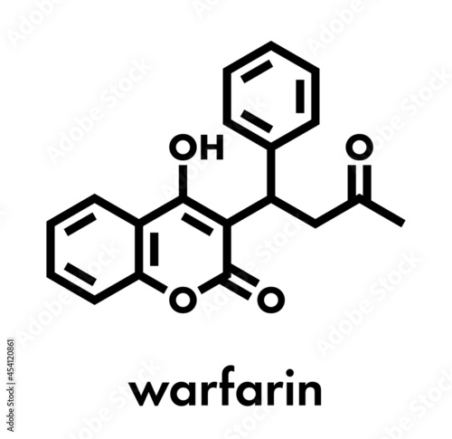 Warfarin anticoagulant drug molecule. Used in thrombosis and thromboembolism prevention. Skeletal formula.