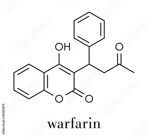 Warfarin anticoagulant drug molecule. Used in thrombosis and thromboembolism prevention. Skeletal formula.