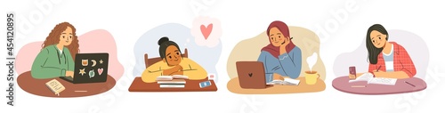 Student girl set. Collection of young women with laptop studying, writing in notebook, dreaming, browsing Internet. Freelancer woman in casual clothes works from home. Hand drawn flat vector