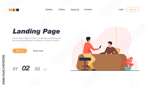 Journalist interviewing guy at desk. Microphone, discussion, speech flat vector illustration. Social media and communication concept for banner, website design or landing web page