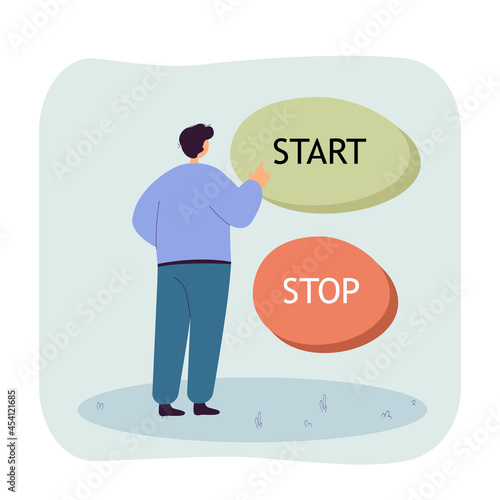 Man standing in front of huge start and stop buttons. Male character pushing button, making decision flat vector illustration. Choice, startup concept for banner, website design or landing web page