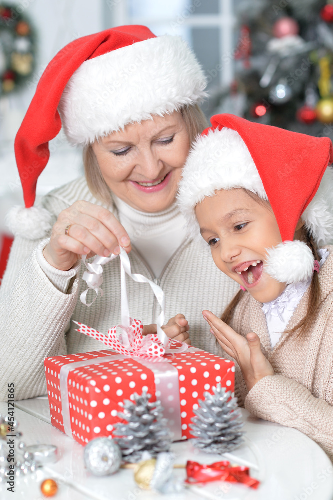 Close up portrait of woman and child girl celebrating Christmas Close up portrait of woman and child girl celebrating Christmas