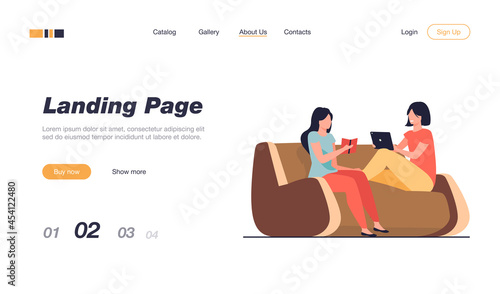 Two women relaxing at home. Girls reading book, using tablet, drinking tea flat vector illustration. Leisure, friends meeting, roomies concept for banner, website design or landing web page photo