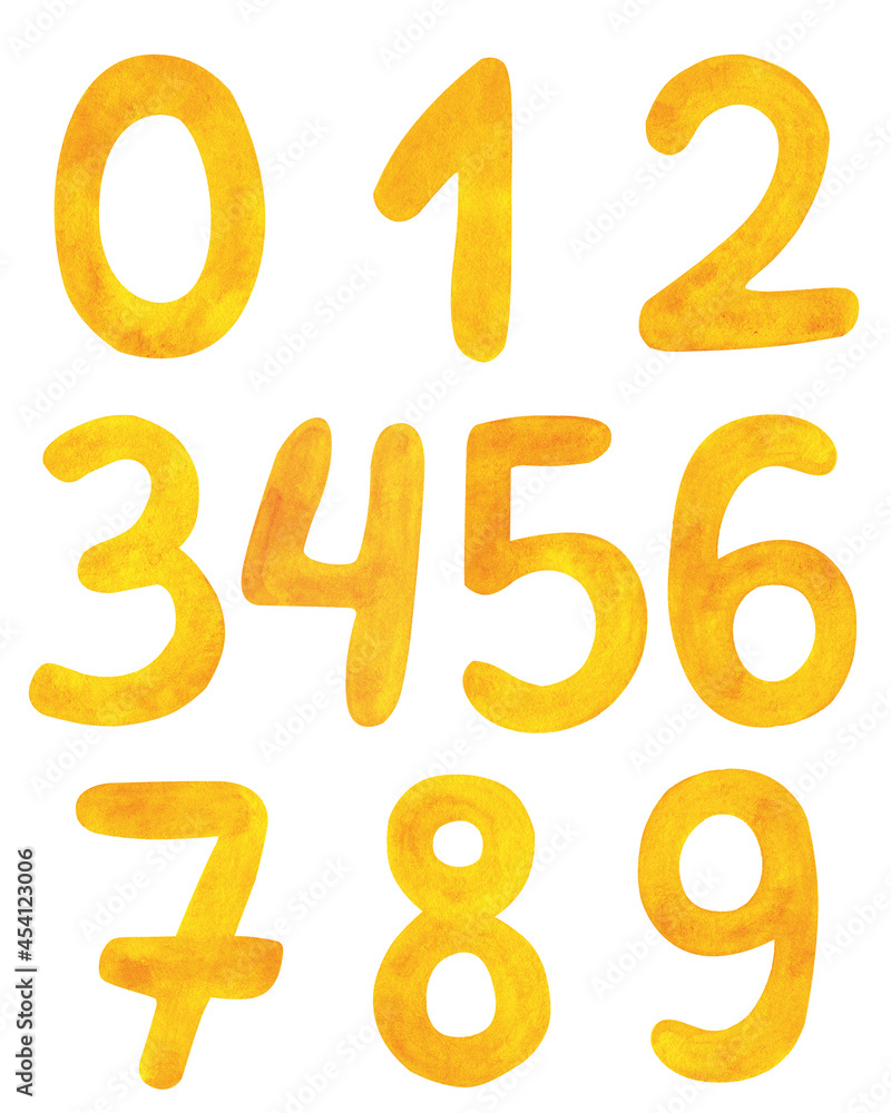 watercolor gold numbers set isolated on white background watercolor gold numbers set isolated on white background