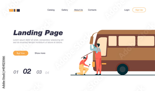 Repairmen servicing and repairing bus. Technician, vehicle, transport flat vector illustration. Maintenance and transportation concept for banner, website design or landing web page