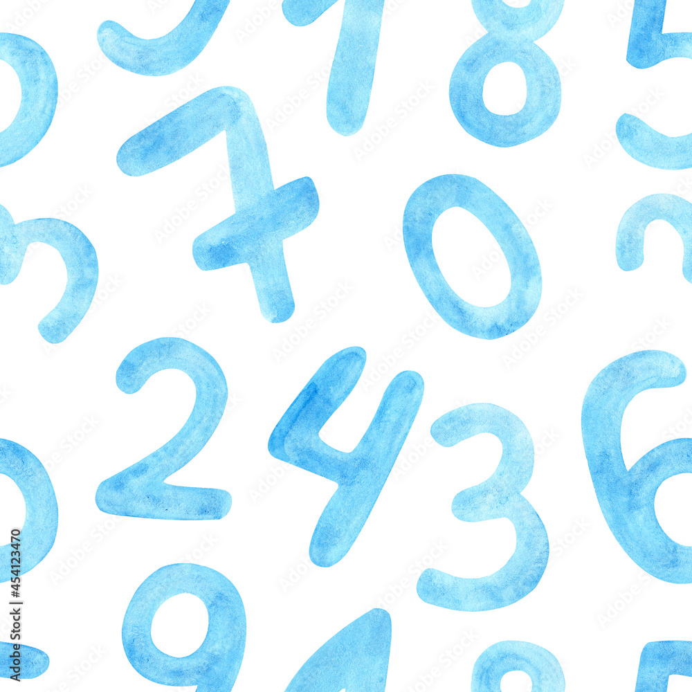watercolor blue numbers seamless pattern on white background