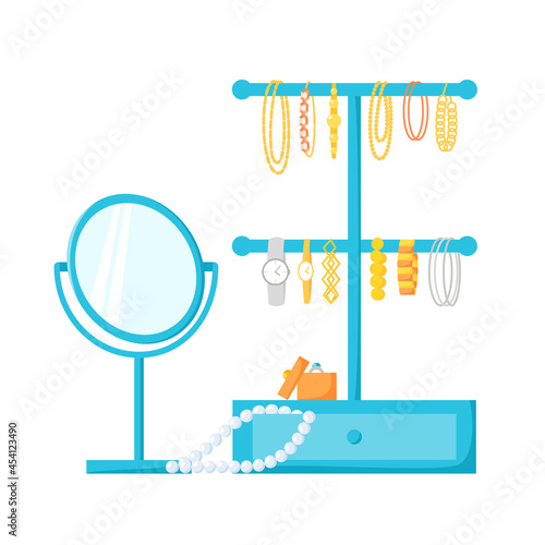 Jewelry holder with different accessories, bracelets, watches, beads. Jewellery stand, round table mirror and pearls in drawer. Flat vector illustration.