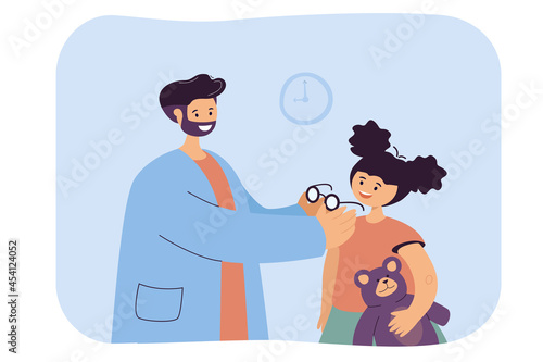 Ophthalmologist assisting in selection of glasses for child. Flat vector illustration. Happy girl and optometrist trying on frame of her glasses. Medical appointment, vision, eye examining concept