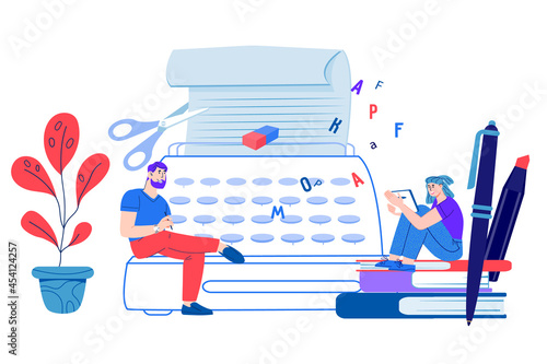 Copywriting and storytelling concept. Copywriters working for social media promotion and blogs, flat cartoon vector illustration isolated on white background.