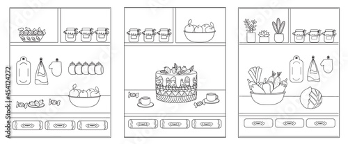 A set of three coloring pages for children with a kitchen, food and dishes. Black outline of childish shapes on white, sketch, simple shapes. Vector illustration